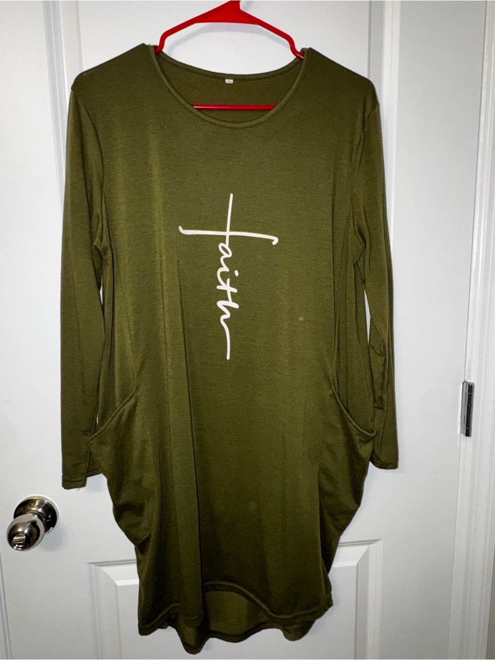 Olive Green Long Sleeve Tunic Top with Faith Graphic